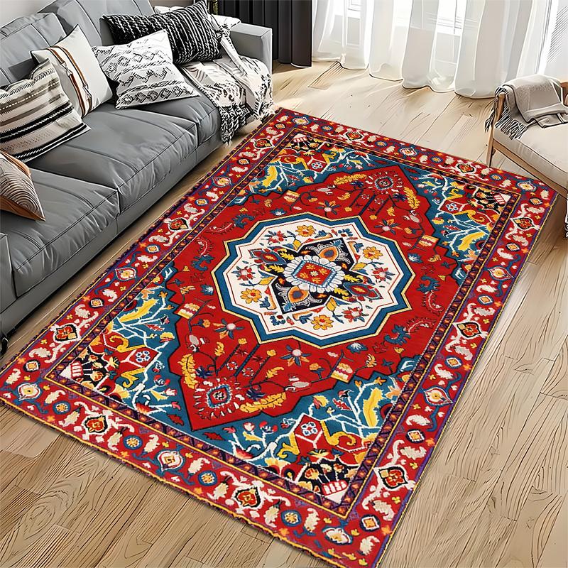 Colorful Geometric Floral Pattern Carpet, Red and Blue Oriental Style Suitable for use as an anti-slip for living room bedroom sofas