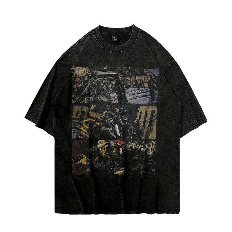 American Retro Street Vintage Cartoon Printing Washing Water Old Short-Sleeved T-Shirt Men'S And Women'S High Street National Tide Brand