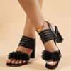 Fashion Woman Sandals Flower High Heel Sandals Women Mesh Elastic Strap Square Toe Sandals Slip On Thick Heeled Dress Party Shoes Woman