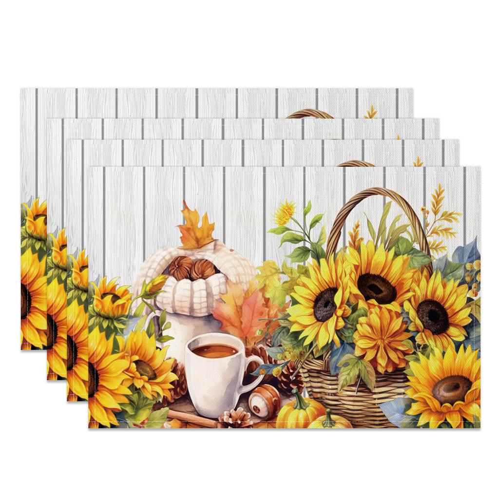 Autumn Harvest Placemats Sunflower Pumpkin Fall Leaves Printing Cozy Seasonal Table for Dining High Tea Wedding Decoration