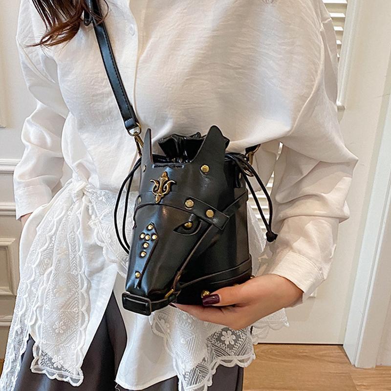Funny Shoulder Bag Vintage Style Creative Horse Head Mask Bucket Bag Unique Niche Single Shoulder Crossbody Bag for Women