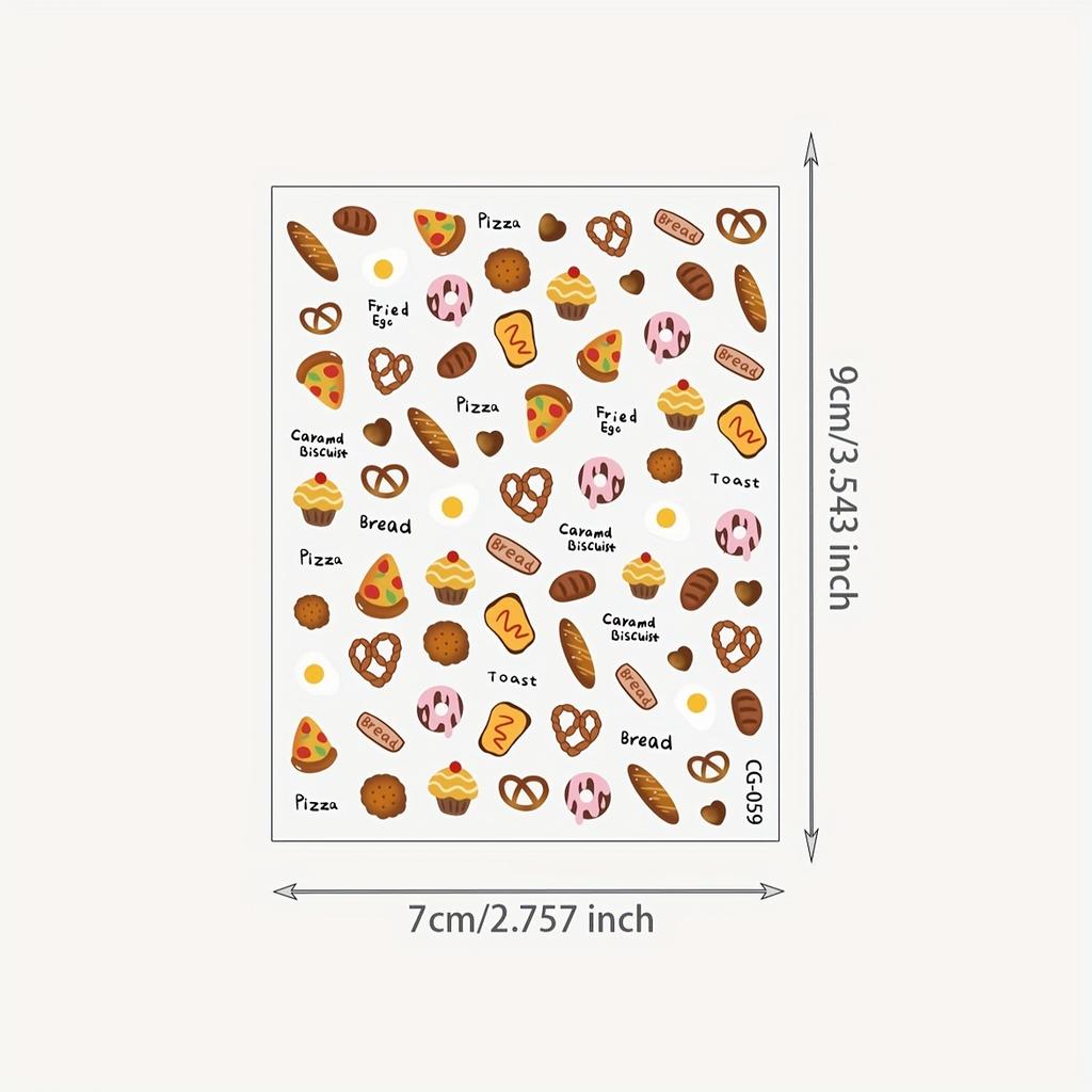 1pc of 3D Relief Nail Stickers Brown Y2K Style Cute Cookies Cake Bread Pizza Cute Food Stickers DIY Nail Stickers Creative Stickers