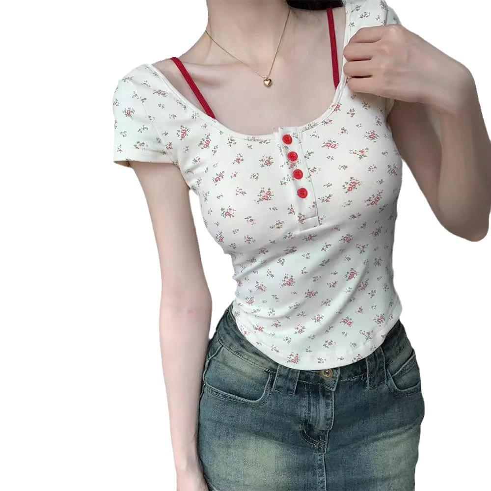 

[Twilight Time] French floral short-sleeved T-shirt for women s summer vacation, two slim-fitting and thin backless tops, sweet and spicy XL