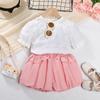 Girls Summer Solid Bubble Sleeve T Shirt And Bud Shorts Two Piece Set Cute Casual Kids Clothing Outfit