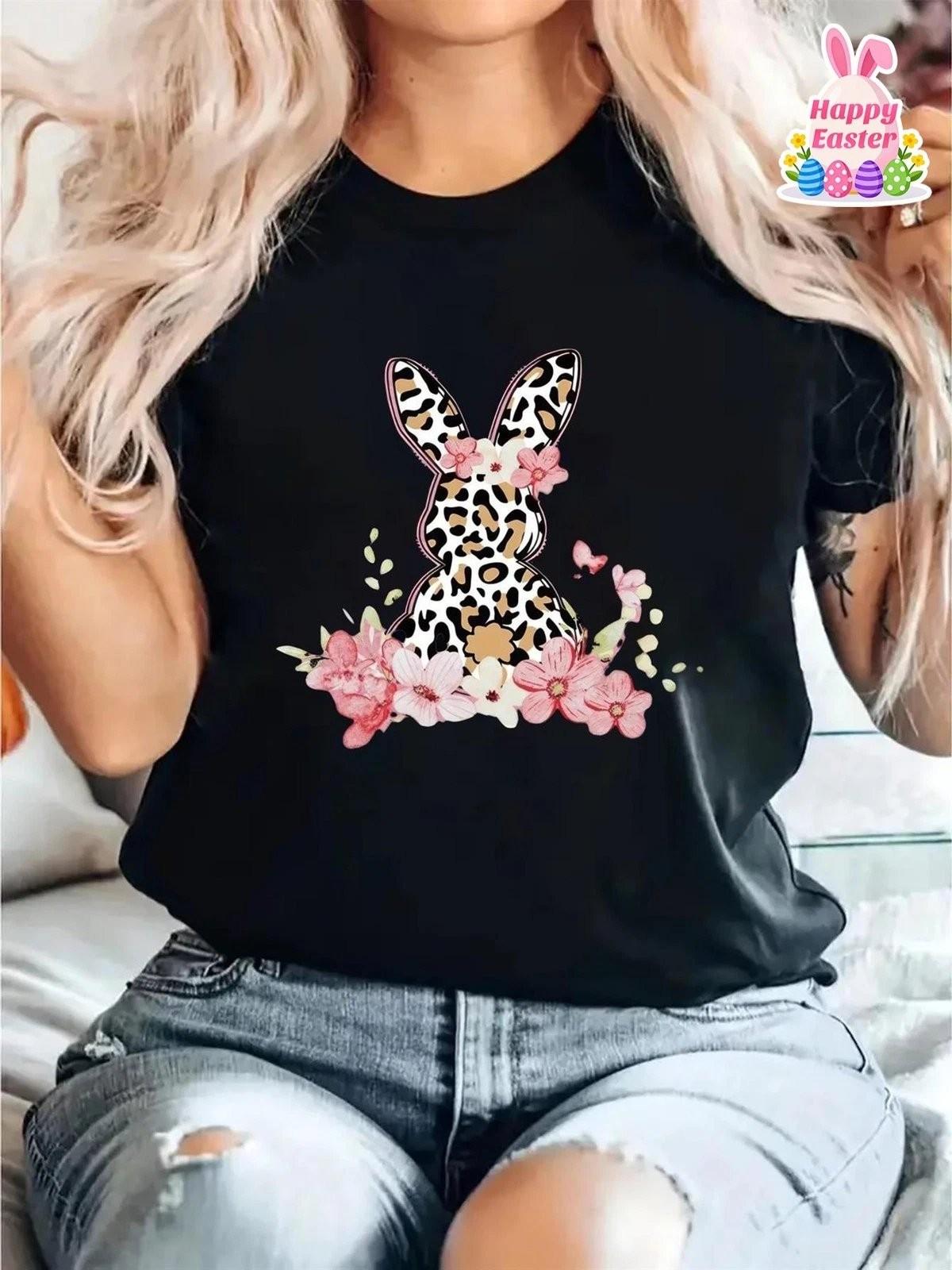 Easter Bunny Leopard Print Graphic Tee Womens Spring Floral Casual T-Shirt S