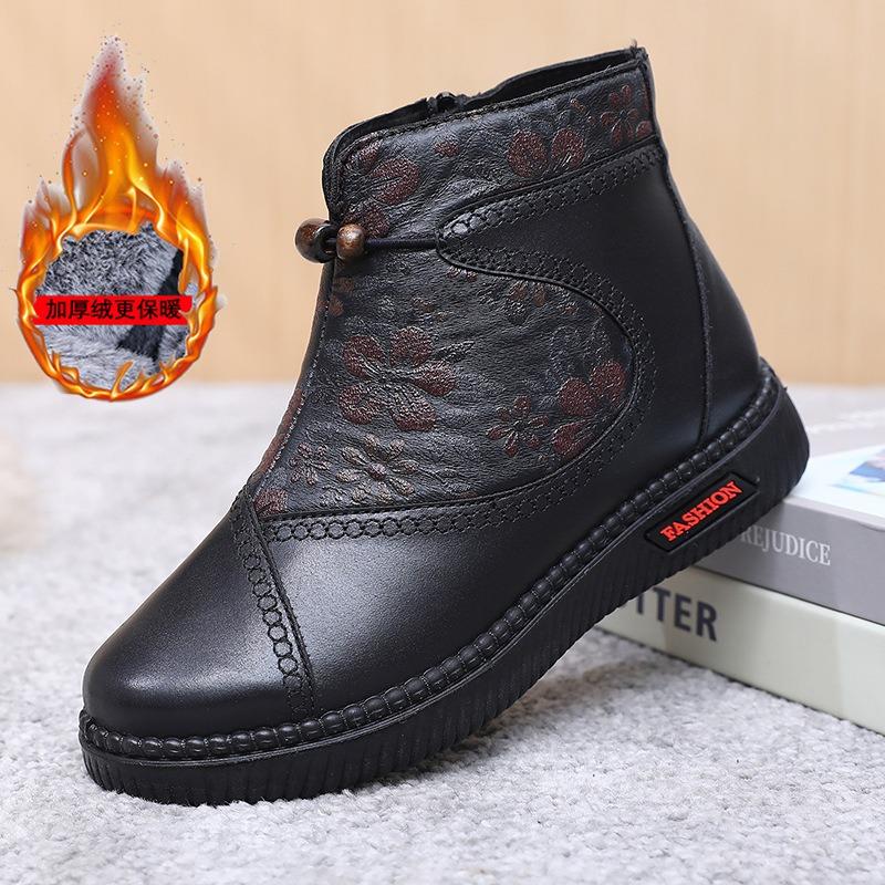 Women's Embroidered Floral Winter Boots, Non-Slip Soft Sole Warm Faux Fur Lined Ankle Boots, Comfortable Cotton-Padded Shoes for Women