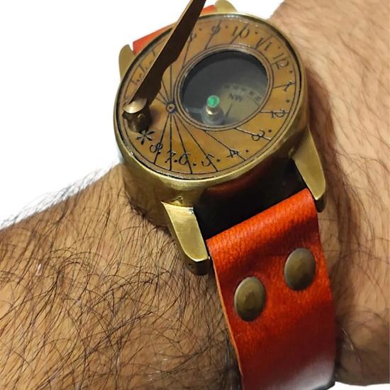 Steampunk mässingsarmbandsur med solur, Samlarobjekt nautiskt kompass, Julklapp för män