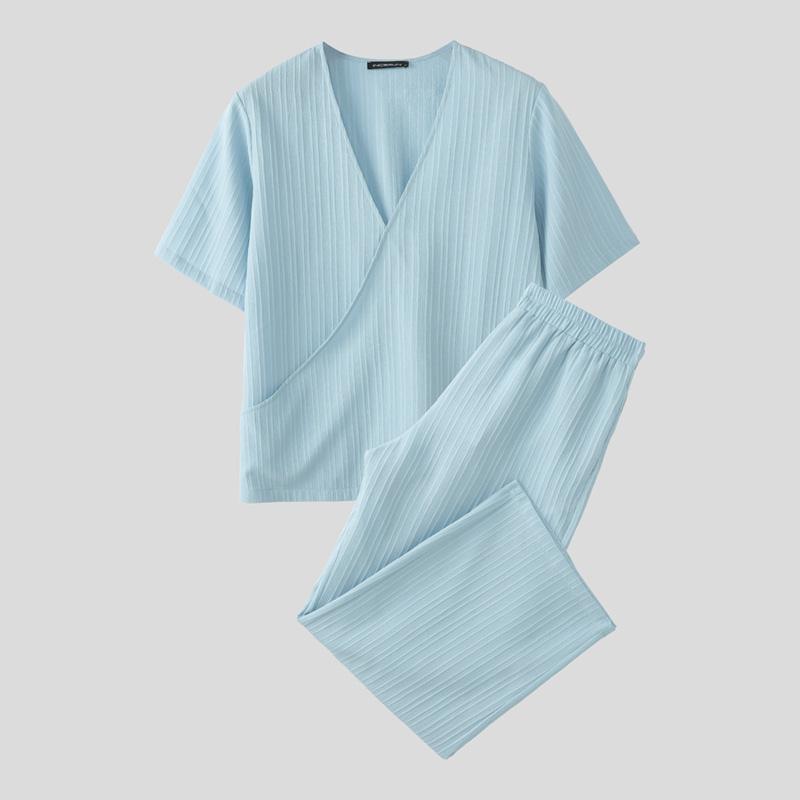 

INCERUN Комплекты из двух предметов для мужчин: текстурная футболка с коротким рукавом и V-образным вырезом, длинные прямые брюки 3XL синий