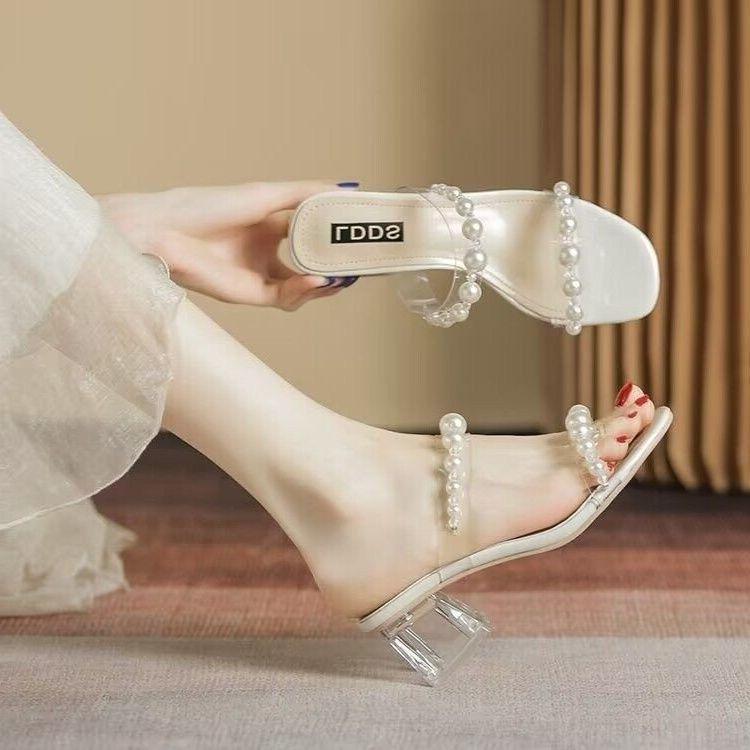 Versatile Skirt High-end Crystal Thick-heeled Sandals Fairy Style Pearl Slippers Women's Summer Wear 2025 New Models