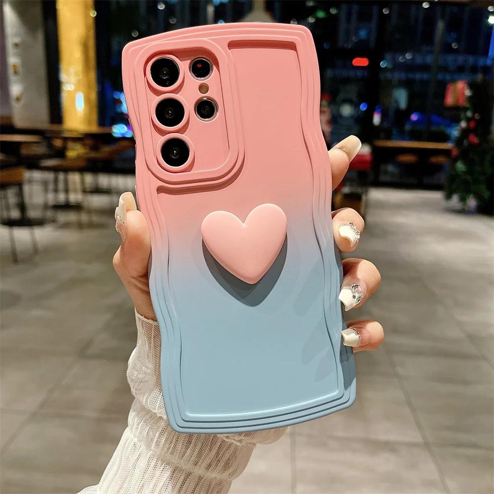 Fashion 3D Love Heart Gradient Case For iPhone 15 Pro Max 14 Plus 13 12 11 Pro X XS XR XS Max 7P 8Plus SE 2020 Curly Wave Soft TPU Cover