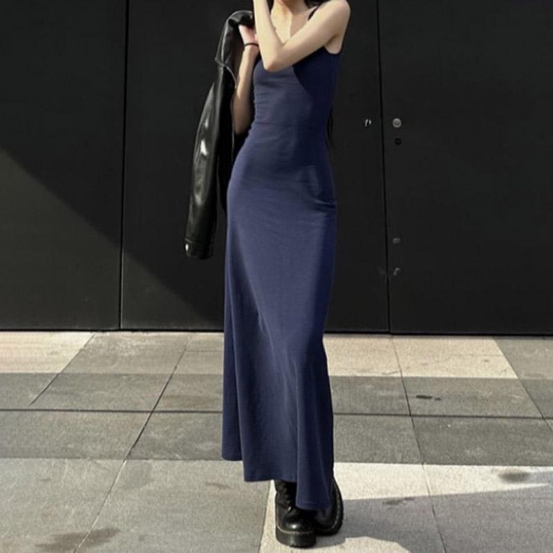

Женская одежда Элегантное темно-синее сексуальное однотонное платье-комбинация без рукавов Летняя внутренняя длинная юбка Платья-карандаш во французском стиле S темно-синий