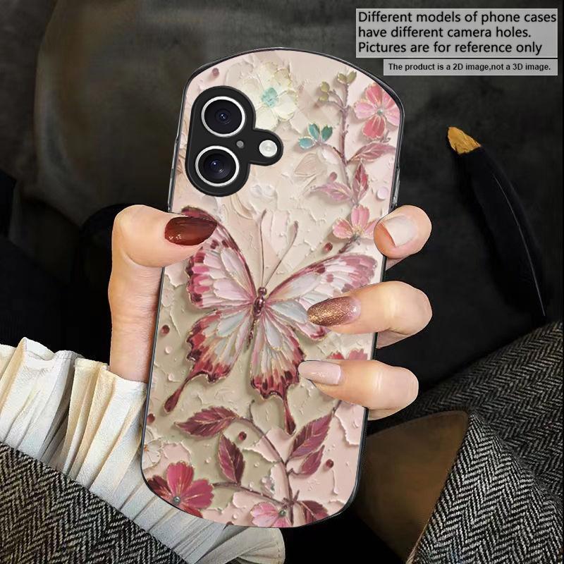 

Elegant pink butterfly For iPhone 17 Air 16 15 14 Pro 13 Plus 12 mini 11 Pro Max XR X 7 8 Elliptical Tempered Glass Phone Case iPhone17 Pro