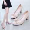 Single Shoes Women's Versatile Work High Heels Spring and Autumn Thick Heel Middle Heel Bow Patent Leather Nude Women's Rhinestone Single Leather Shoe