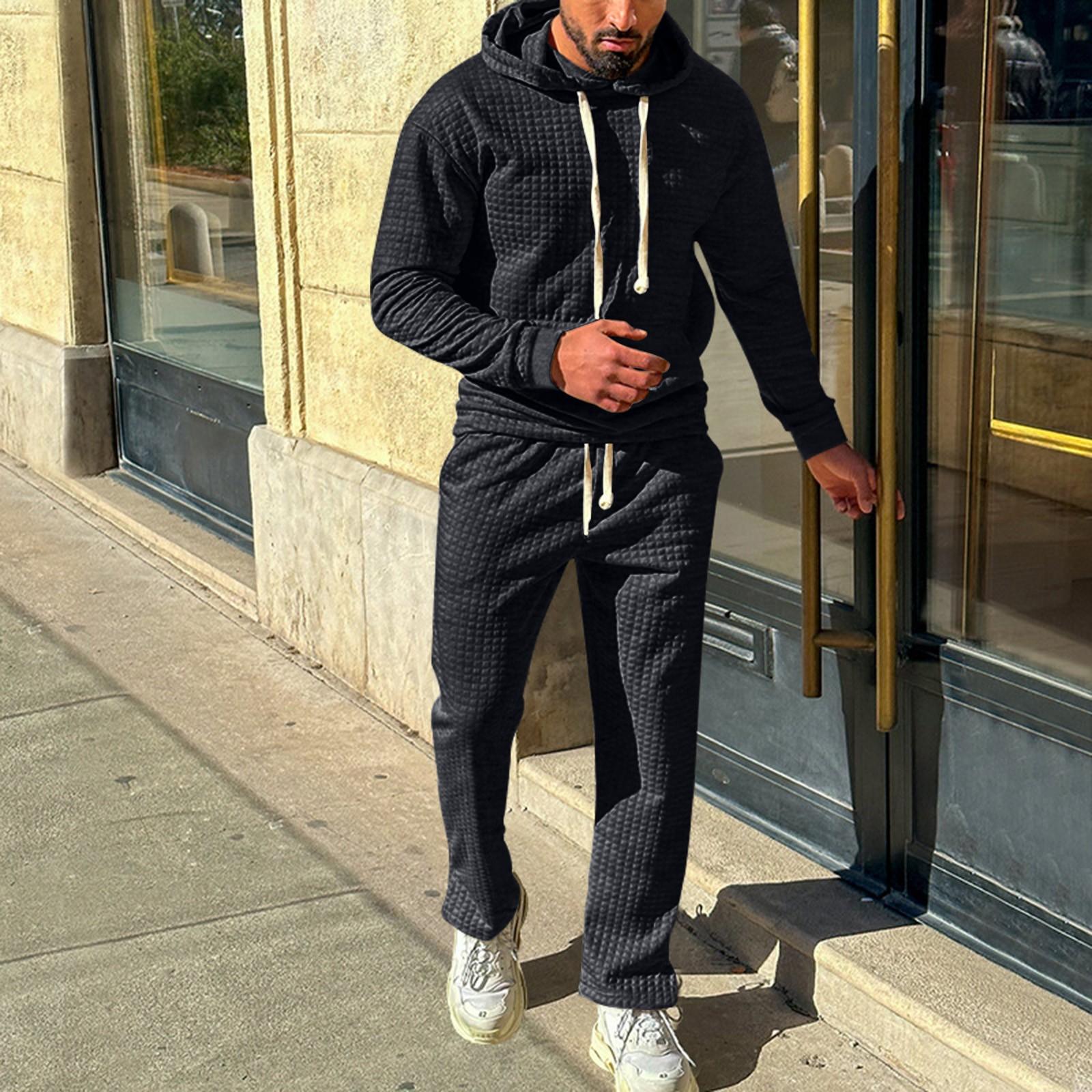 

Осенний мужской однотонный повседневный костюм с капюшоном, рубашка поло, свободные брюки, комплект из двух предметов XXL чёрный