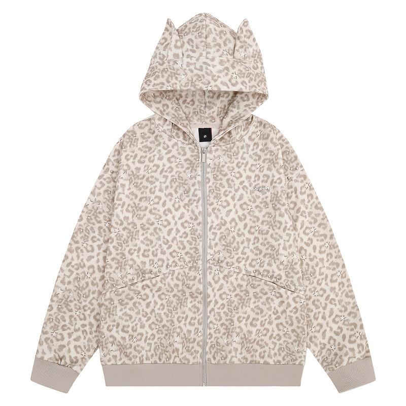Millennium - Leopard Print Hoodie Khaki Cat Ear Hooded Sweatshirt Loose Fit Streetwear Women