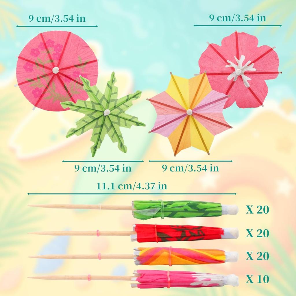 [4 Styles] Cocktail Drink Umbrellas Picks Toothpicks - 70PCS Colorful Variations Cocktail Picks with Wooden Sticks | Mini Paper Parasols for Tiki