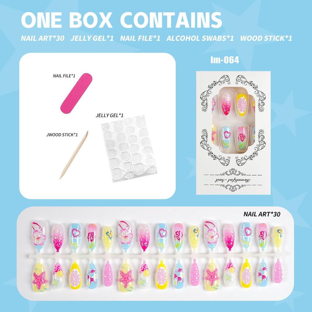 30-Piece Summer Style 3D Shell Press-on Nails, Medium-Long Almond Shape