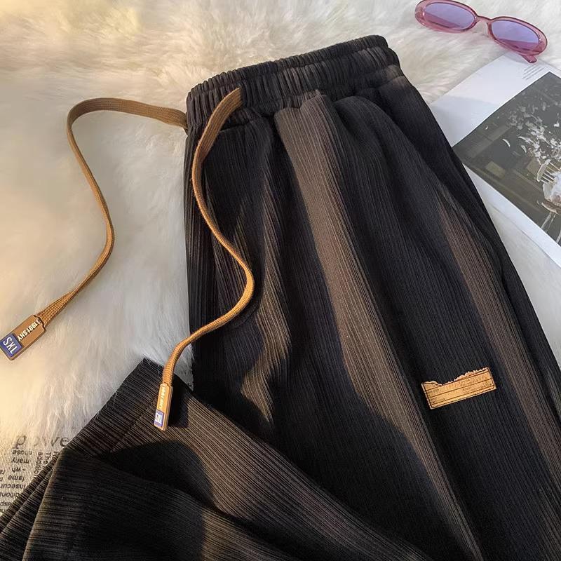 Summer Pleated Loose Plus Size Floor-Length Textured Trousers: Slimming, Straight-Leg, Lazy Style