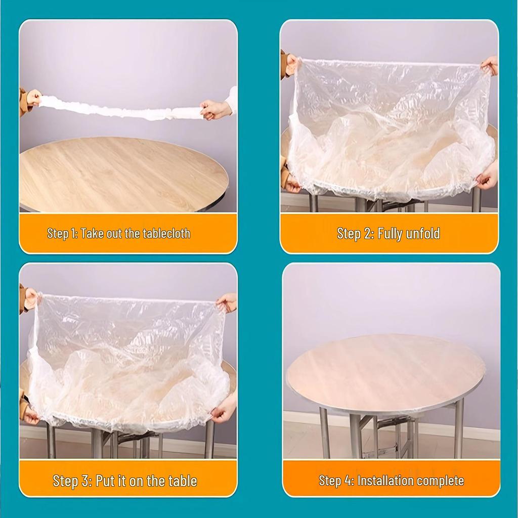 Pakke med 10 gjennomsiktige runde engangsbordduker - Fortykket, oljetett, vanntett med snøring.