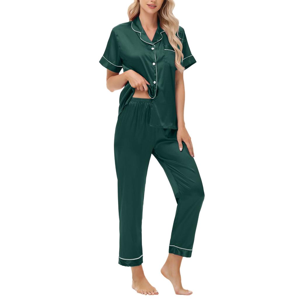 Amazon Independent Station Eisseiden-Pyjama Satin-Set Kurzarm Lange Hose Übergröße Damen Loungewear