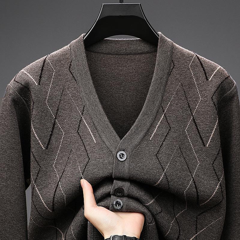 Men Plaid Knit Button Cardigan Casual Sweater Outerwear For Middle Aged Men