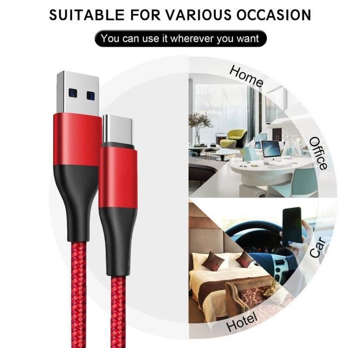 Lot de 3 Câble USB-C Rapide pour Xiaomi Redmi 13C 14C, Redmi Note 13 14, Note 13 Pro Plus 5G - 1M Rouge Nylon Tressé