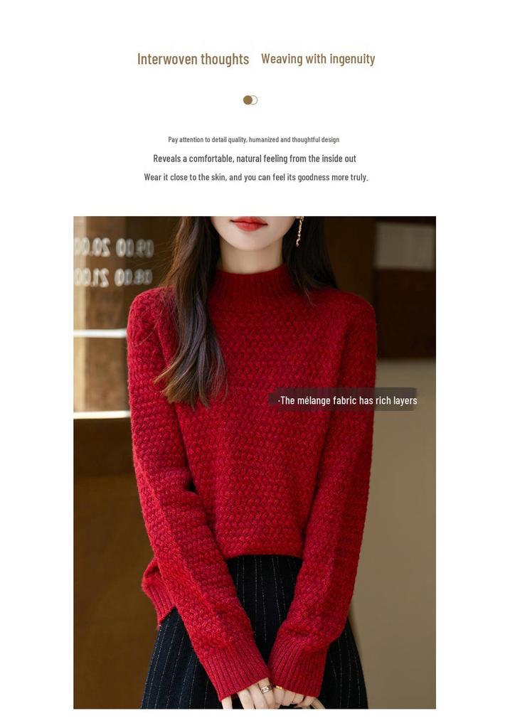 Women's Marled Wool Sweater - Thickened Half-High Neck, Basketweave Loose Pullover, Lazy Style Base Layer Top