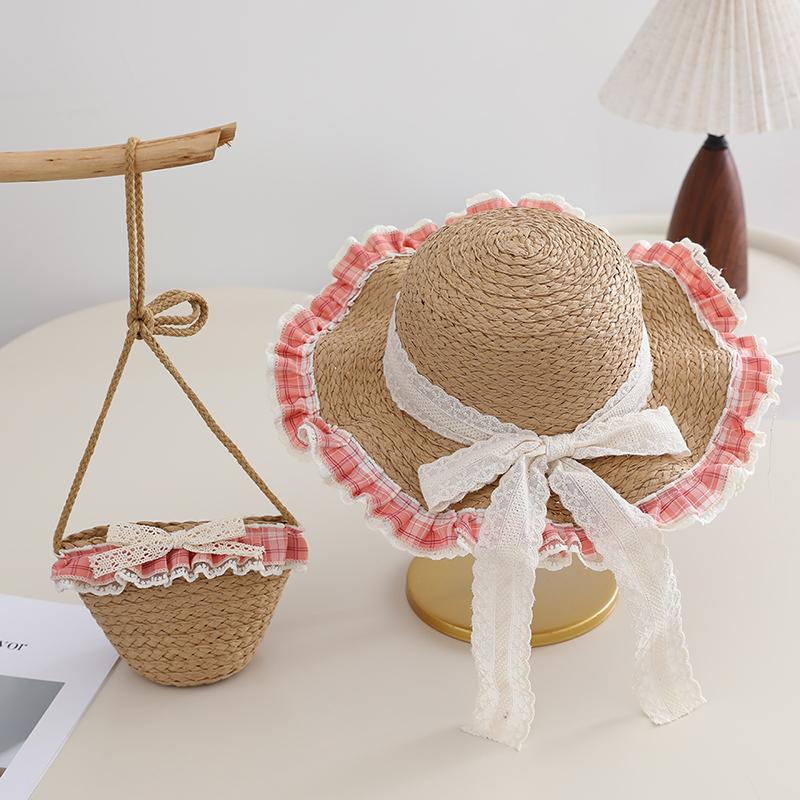 

Family Matching Straw Hats & Bags Set, Summer Lace Ruffle Sun Hats for Mom and Kids, UV Protection Beach Hats with Mini Purses Adult Size (56-58cm) кавовий