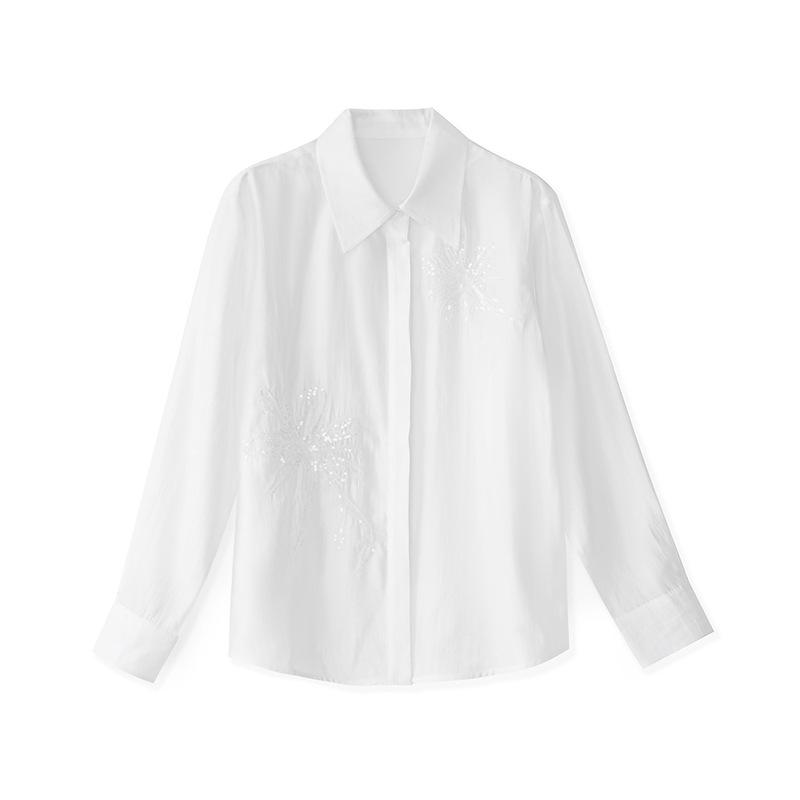 Elegant Women's Tencel Cotton Sequin Embroidery Long Sleeve Shirt with Lapel Design - Spring Collection