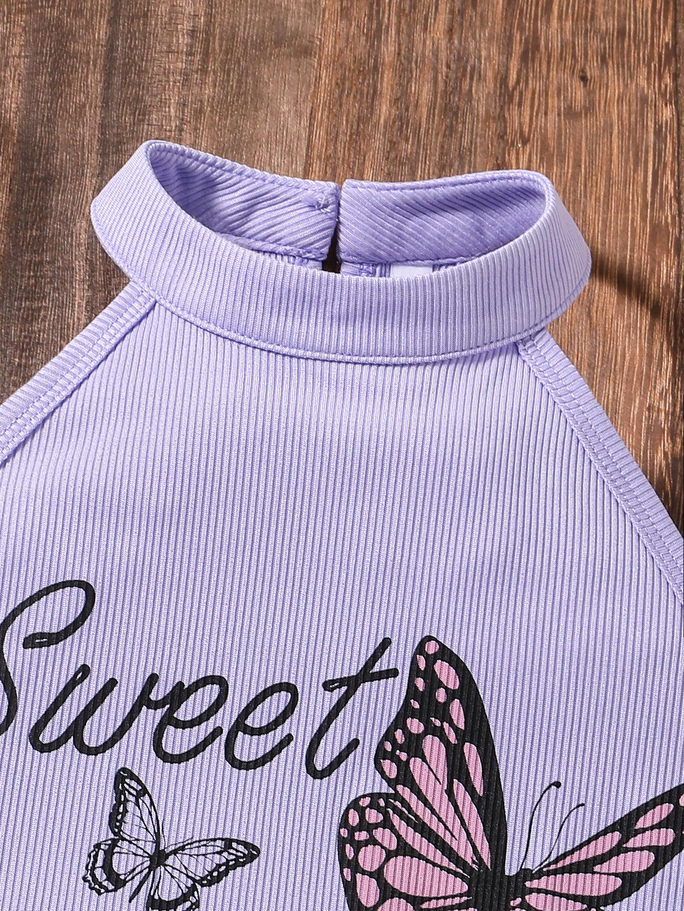 

Модный комплект из двух предметов для девочек, топ без рукавов, летний детский повседневный комплект из двух предметов с короткой юбкой и цветочным принтом для отдыха на пляже 2025 года 90cm светло-фиолетовый