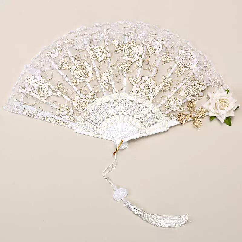 Ventaglio Pieghevole Lolita Rosa e Piume Nero e Bianco Stile Lolita Europeo Vintage Goffrato Stampato a Oro Ventaglio per Matrimonio Festa del Tè