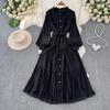 Korean Fashion Elegant Retro Lace Puff Sleeve Long Dress Solid Color Single Breasted Ruffles Bow Autumn Women Dress