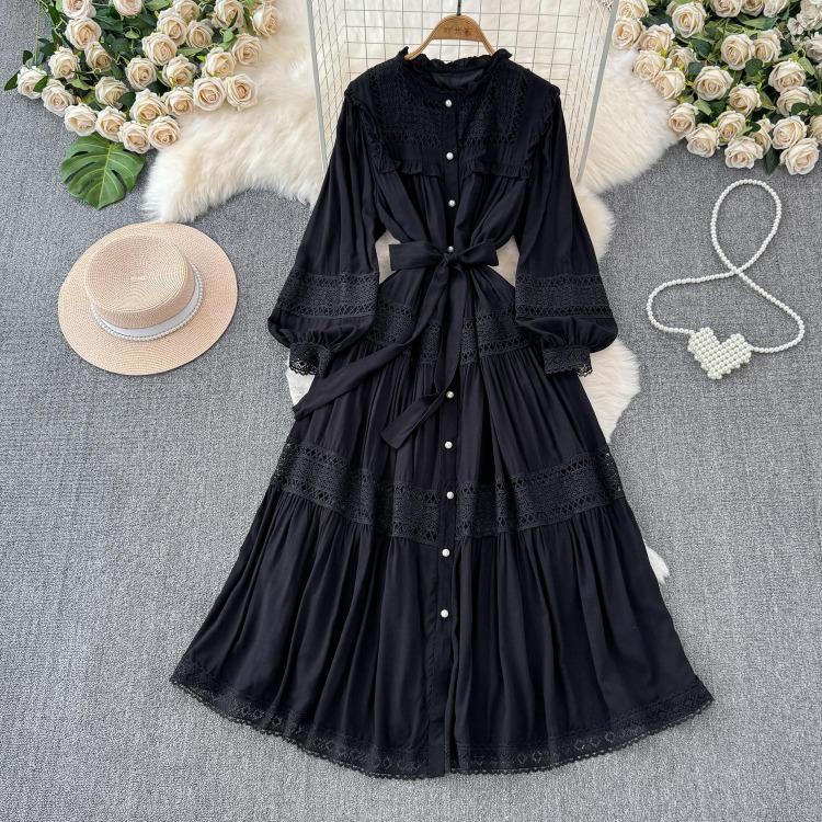 Korean Fashion Elegant Retro Lace Puff Sleeve Long Dress Solid Color Single Breasted Ruffles Bow Autumn Women Dress