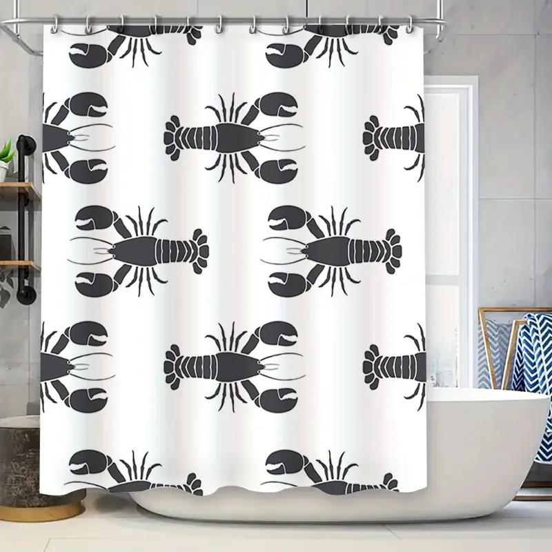 Whimsical Black Lobster Print Shower Curtain for Bathroom Decor White Fabric Waterproof Easy Install Shower Curtain Rings Includ W90xH180cm