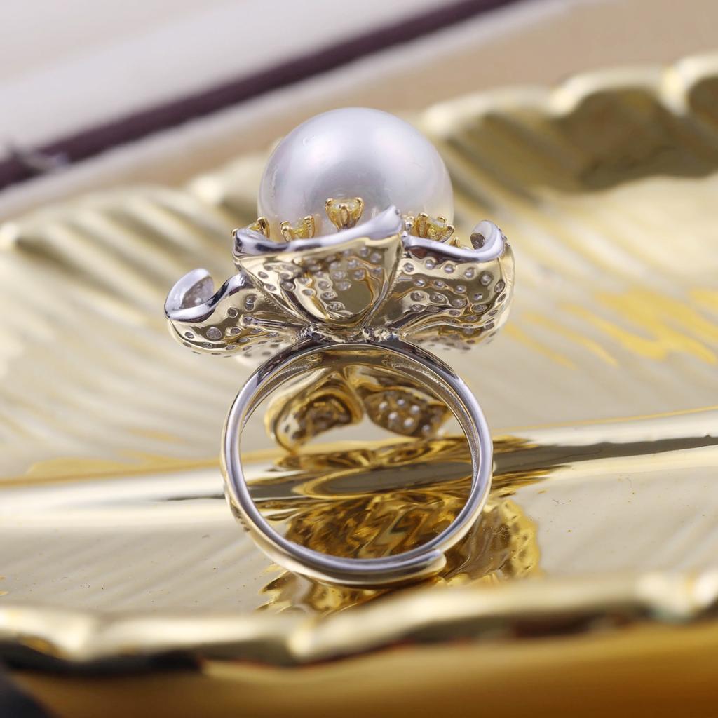11mm Natural Nearround Pearl Fashion Flower Ring DIY 925 Silver Holder Setting Fine Wedding Jewelry for Women