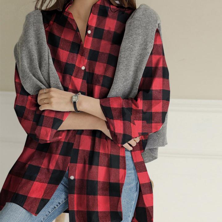 2025 Women's Plaid Lapel Long-Sleeve Mid-Length Fashion Shirt