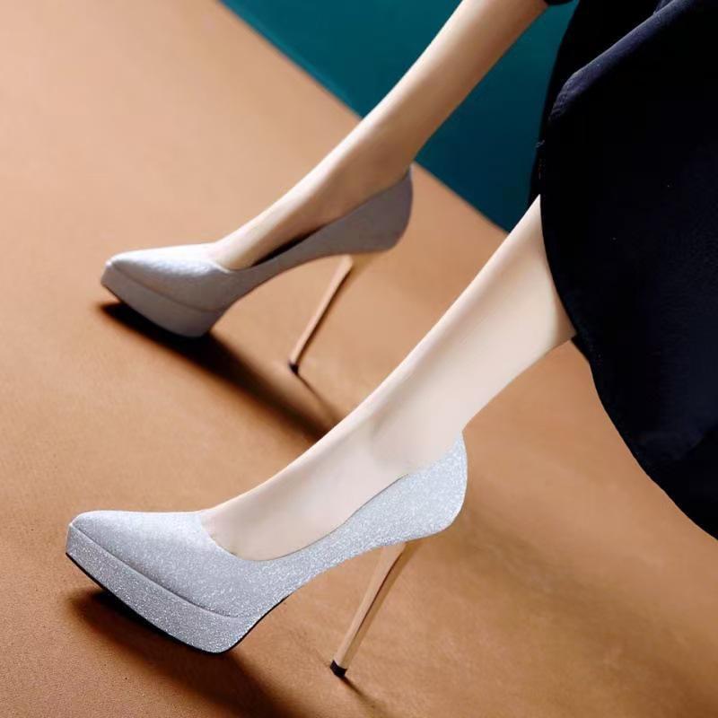 2025 Women's Stiletto Heels: Banquet Evening Dress Shoes with 12CM Waterproof Platform and Pointed Toe High Heels