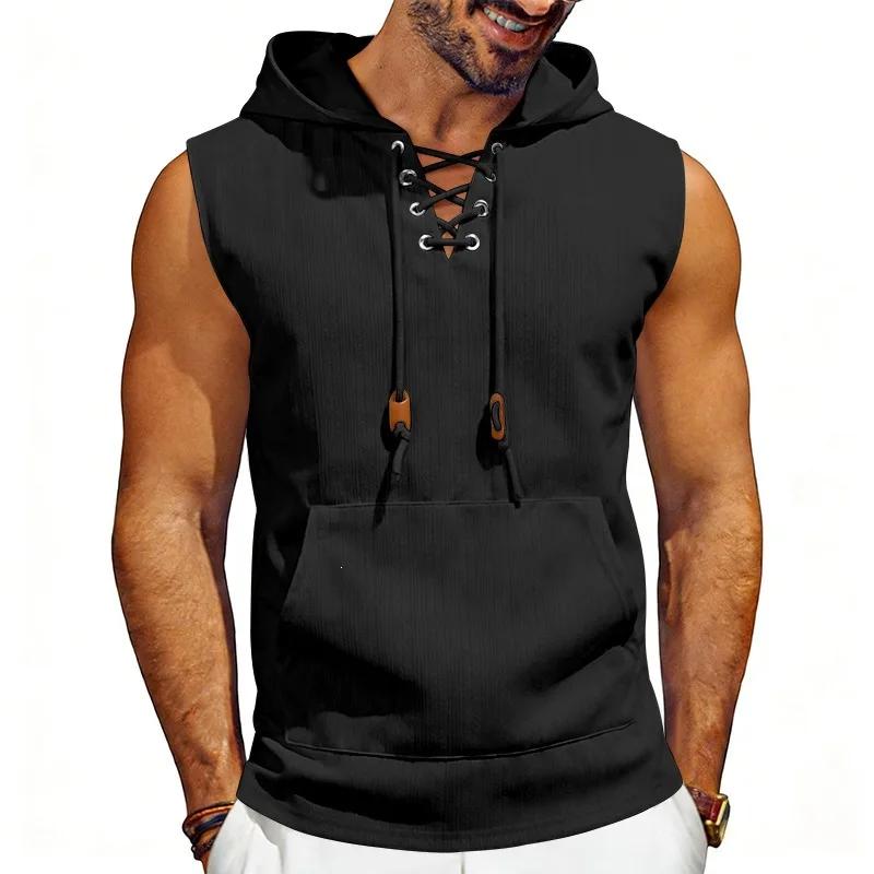 

Men s Sleeveless Hooded Tank Tops Casual Lace-Up Muscle Tee Shirts with Pocket Breathable Summer Sport Vest for Men S чорний