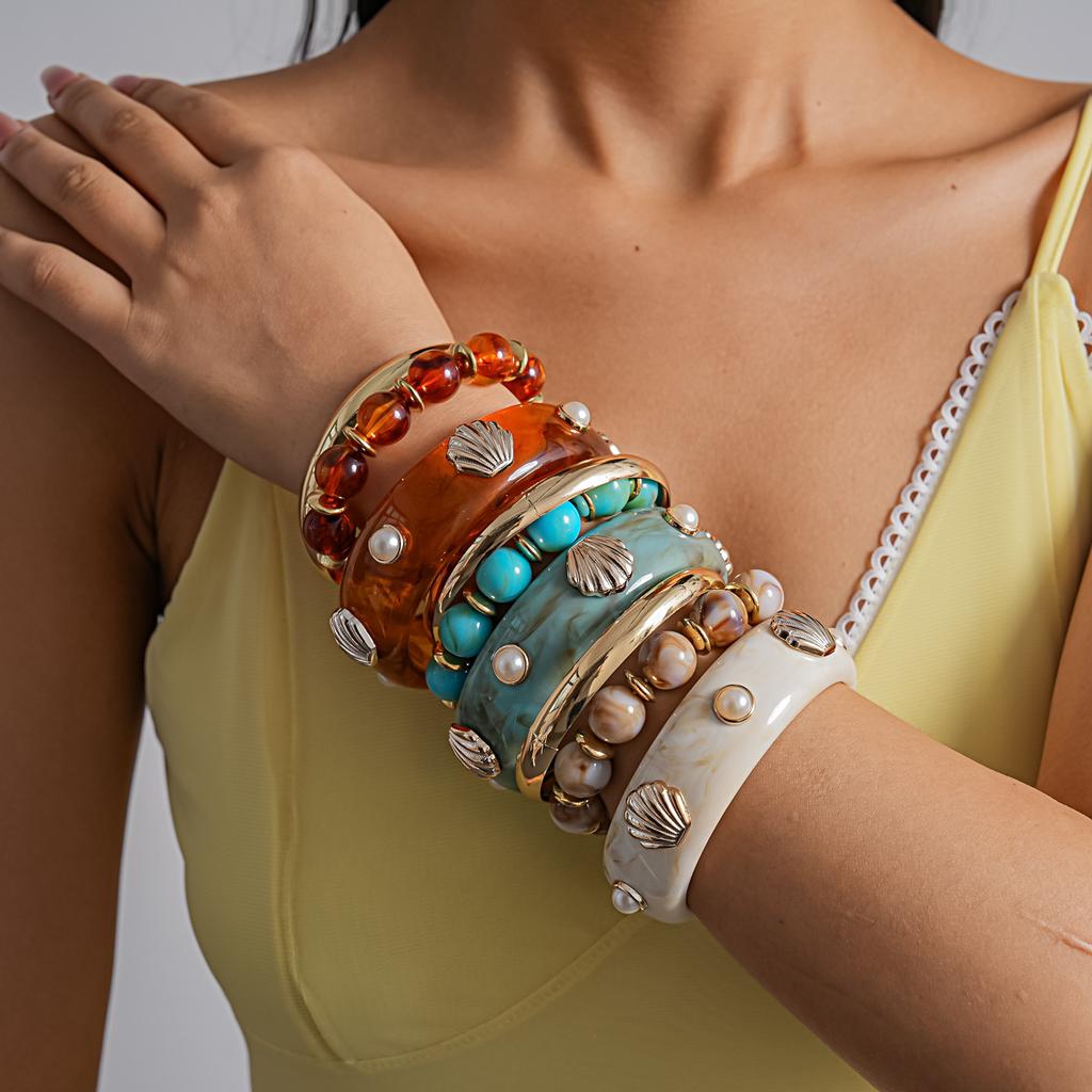 DIEZI New Gift One Set Bohemian Beads Strand Bracelet Bangle Sets Vintage Pearl Shell Resin Bangles For Women Men Gift Jewelry