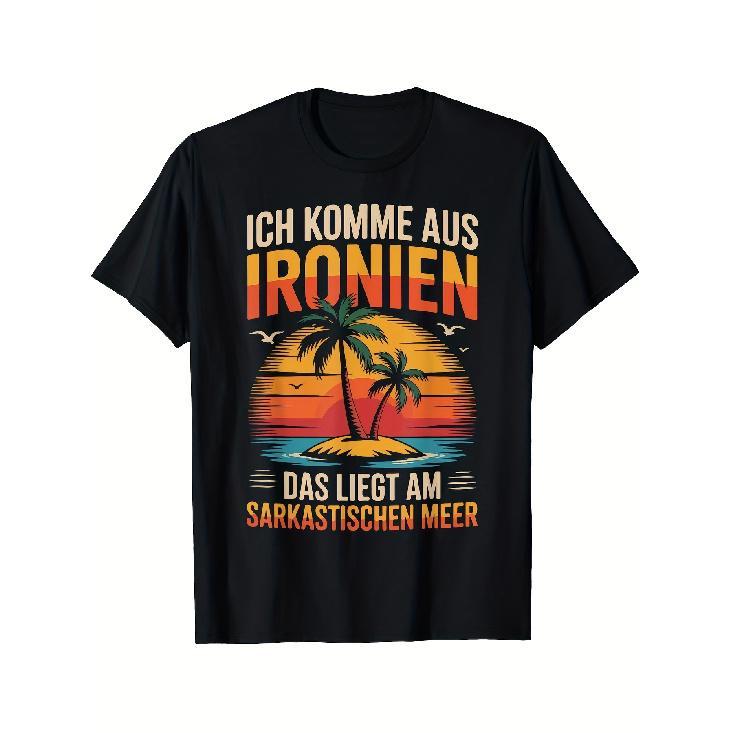 Men's Vintage Sunset Graphic Tee with German Sarcasm Print, Short Sleeve Crew Neck Cotton Blend for Casual Beach or Daily Wear