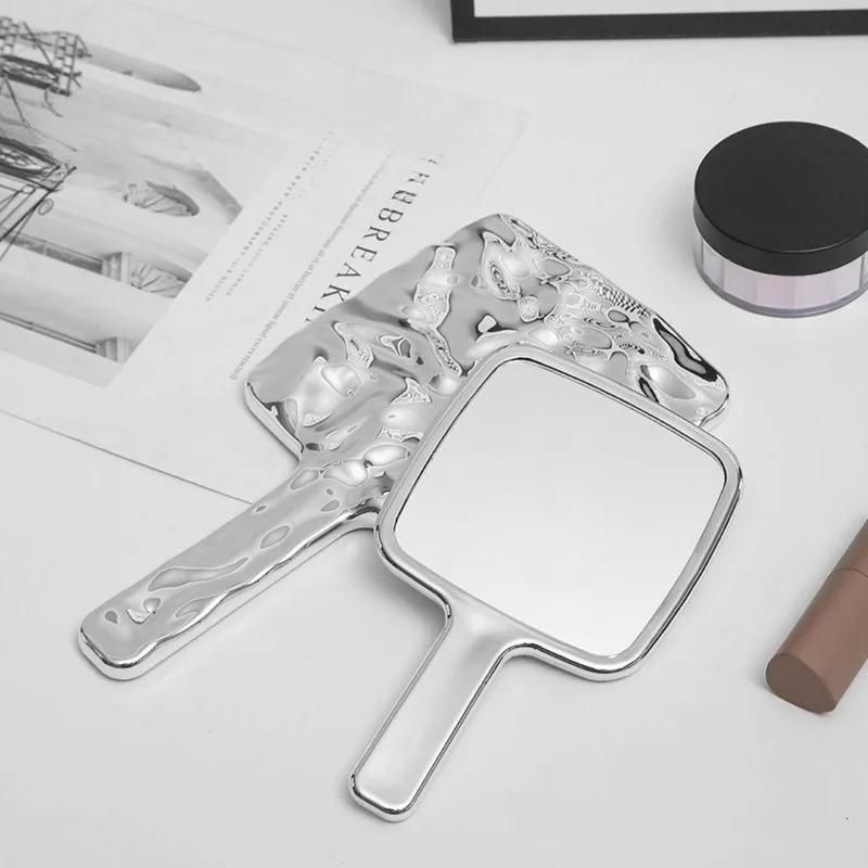Vintage Handle Square Makeup Mirrors, Liquid Shape Electroplated Texture, Portable Beauty Hand Small Make Up Mirror