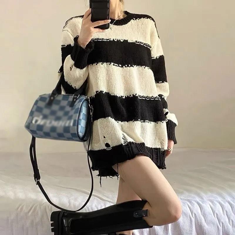 Striped Sweater Women's Retro Y2k Mid-length Knitted Sweater Top Loose and Lazy Style Korean Style Outer Wear Pullover Sunscreen Clothing