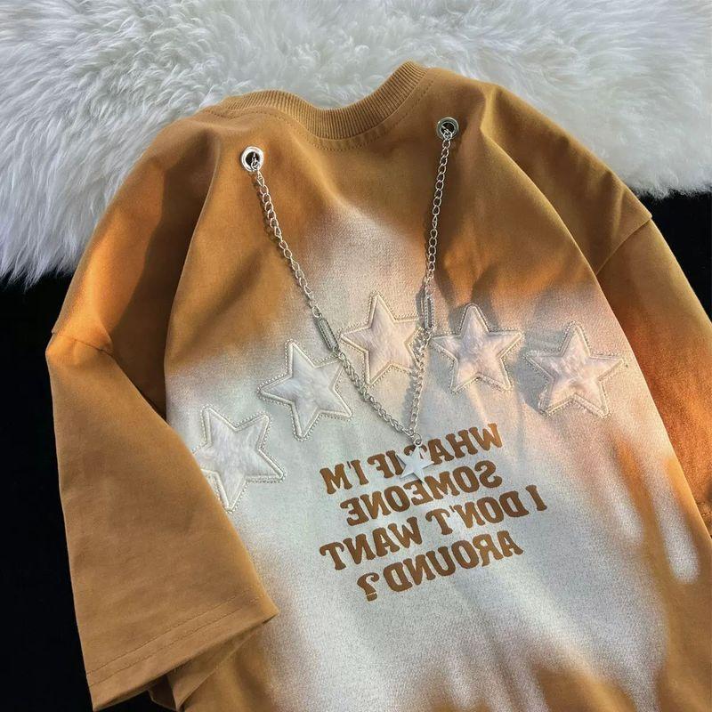 

Американский ретро хай-стрит XINGX ожерелье футболка с коротким рукавом мужская и женская большой размер летняя свободная модный стиль трендовые парные топы Black M