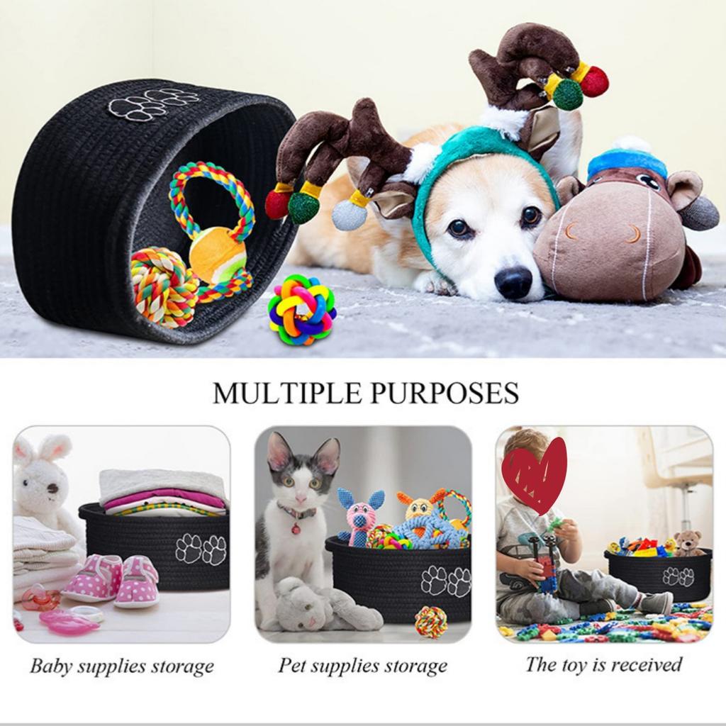 Pet Toy Storage Basket with Handle. Handmade Weaving with Dog Paw Prints. Can Also Store Children's Toys and Miscellaneous Items