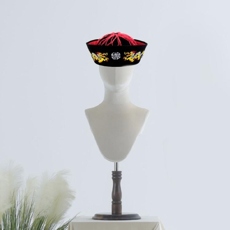 Ancient Chinese Mandarin Hat with Pigtail Halloween Costume Accessories for Men Women Halloween Party Outfit Accessory