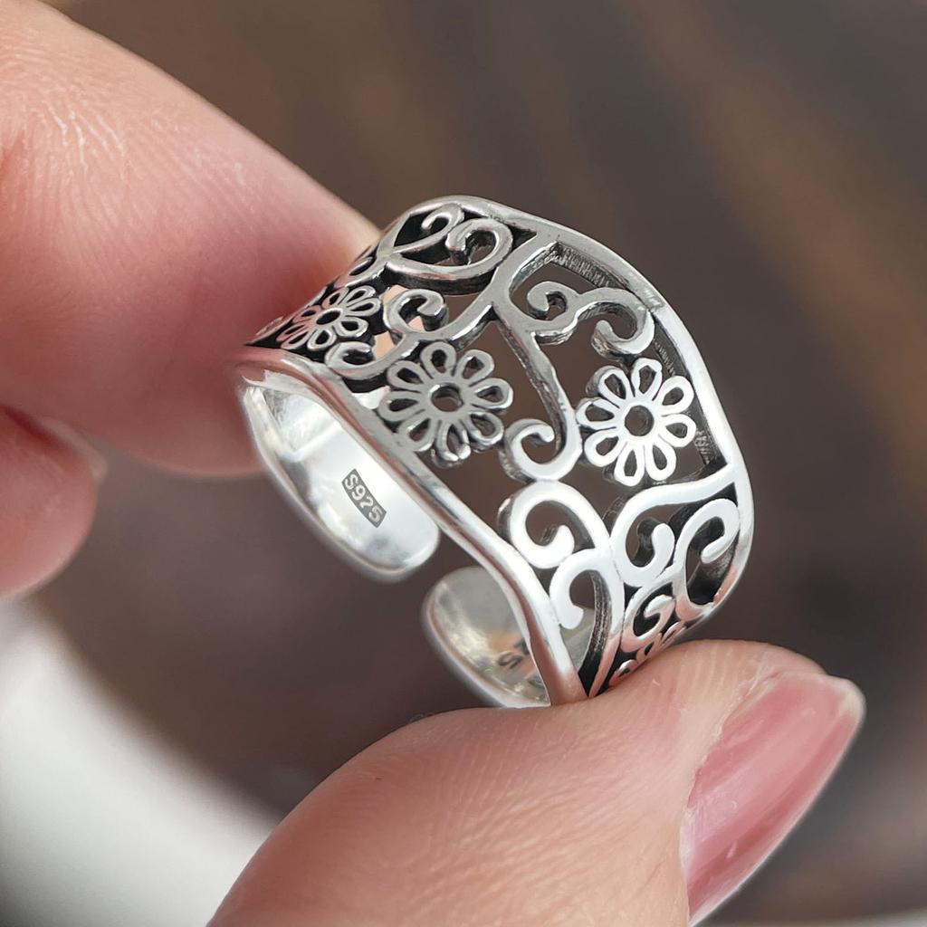 925 Sterling Silver Rings for Women Couple Minimalist Handmade Simple Hollow Flower Ring Fine Jewelry Gift Prevent Allergy