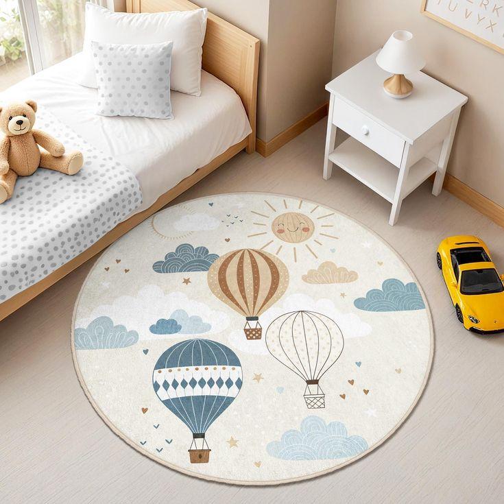 Round Kids Carpet With Cartoon Map Road Track Hot Air Balloon Airplane Car Other Patterns NonSlip Mat For Kids’ Room Home Decor