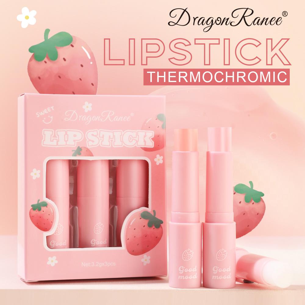 3 Strawberry Lipstick Set, Color-Changing Lipstick, Moisturizing, Long-Lasting Pink, Waterproof Lipstick, Pouty Lipstick Set