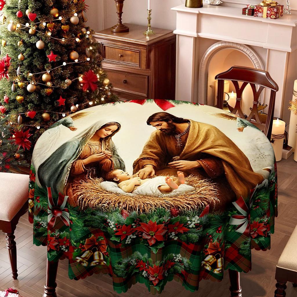 Vintage Oil Painting Christmas Round Tablecloth, Religious Figure Christmas Elements Red And Green Plaid, Rectangular Dining Table Cloth