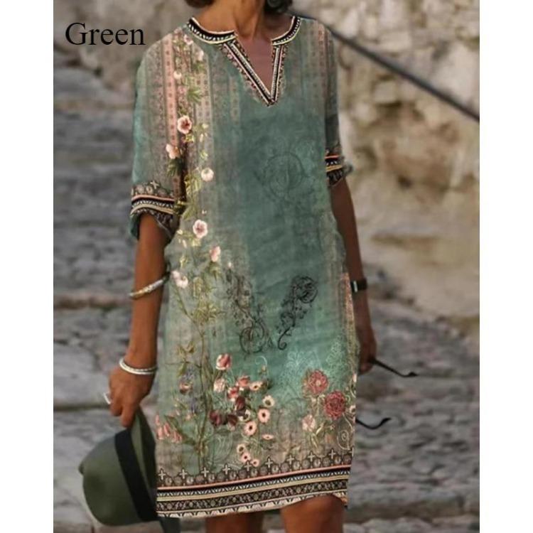 Women's Casual Summer Vintage Print V-neck A-line Beach Slim MIDI Loose Artsy Temperament Five-sleeve Top Dress Skirt